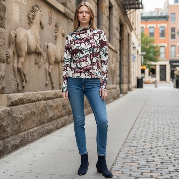 NEW blue b Cream Purple Pink Mauve & Teal Green Horse Theme Mesh Sheer Shirt S L - Picture 2 of 3